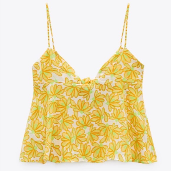 Zara top strappy flutter top yellow print - Picture 3 of 8